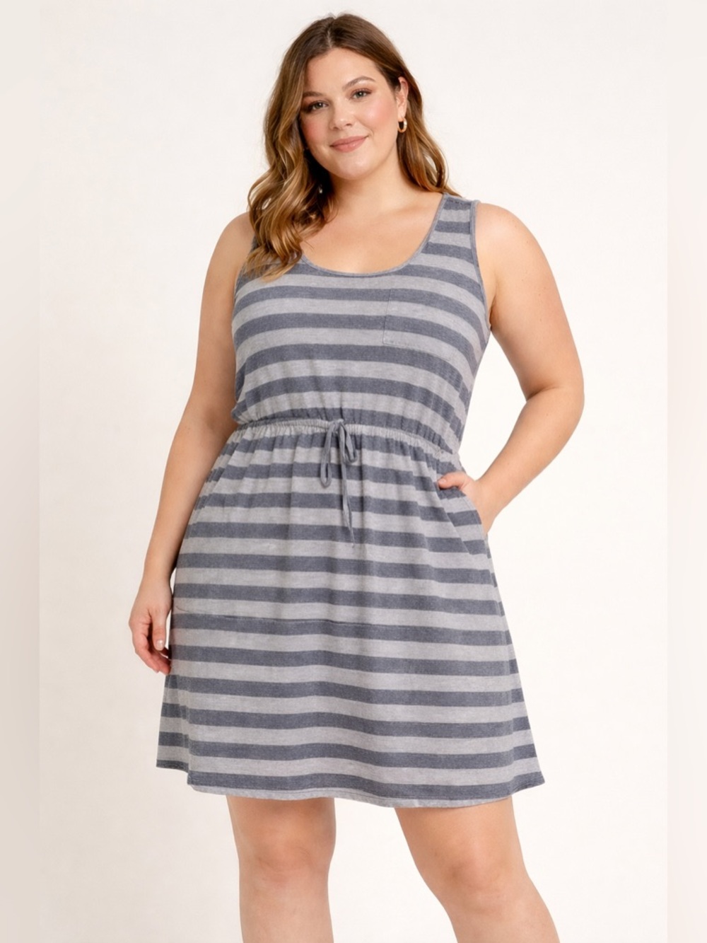 Olive & Oak Gray and Black Striped Mini Dress Tank Tie Waist Summer Beach